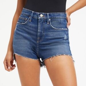 Good American Good 90s Blue High Rise Distressed Denim Shorts